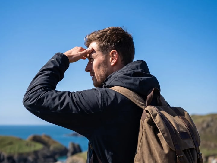 A traveller looking out over a turquoise cove