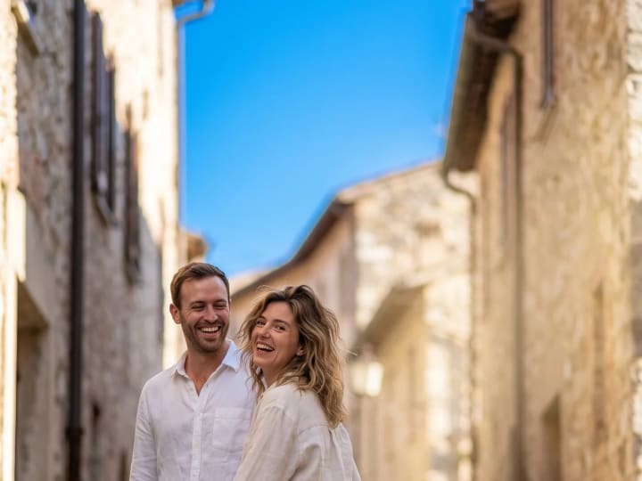 Two members walking a sunlit street together, laughing