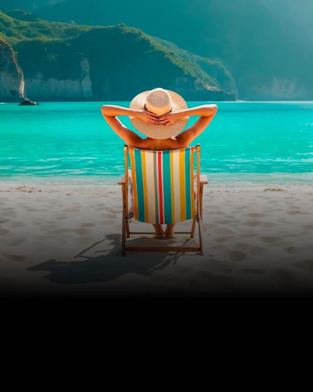 A member relaxing in a beach chair by turquoise water