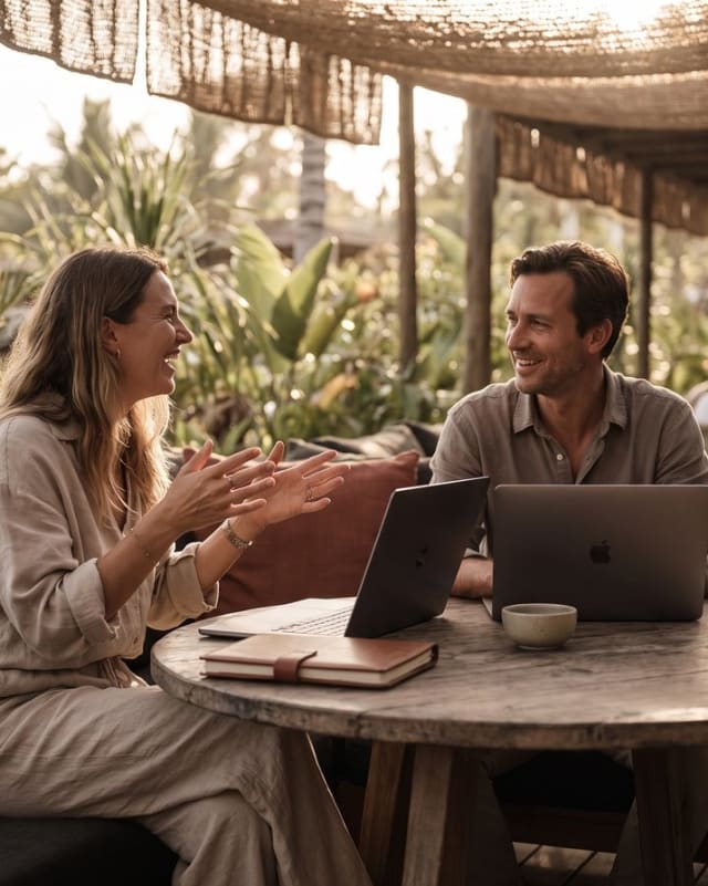 Two members planning a trip over coffee