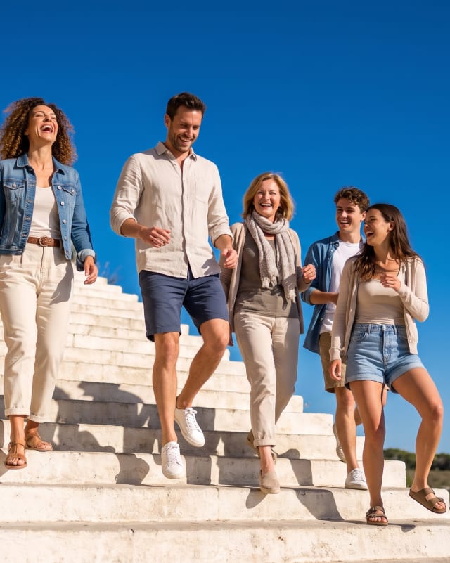 A group of travellers walking down white stone steps by the sea