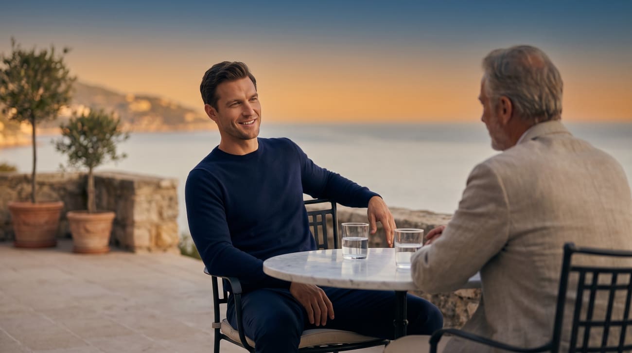 Two members talking on a terrace by the sea