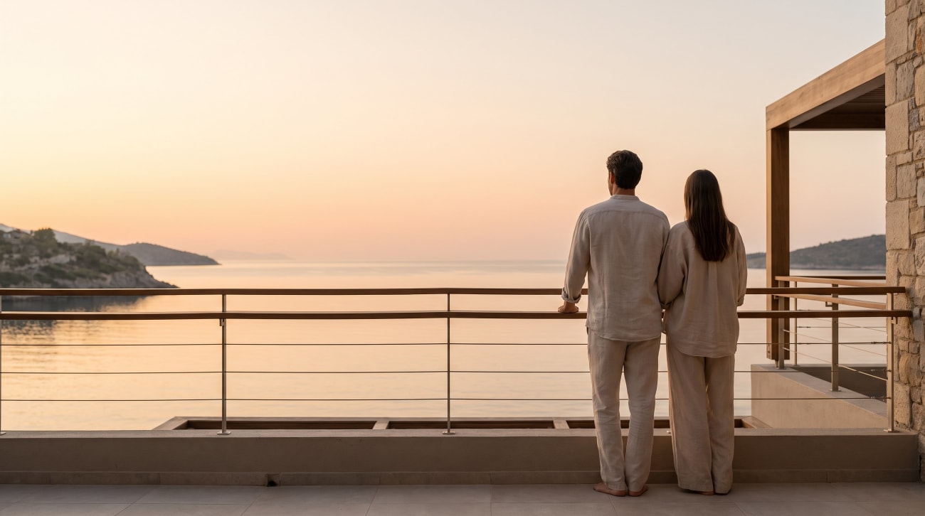 Two members looking out over the sea at sunset