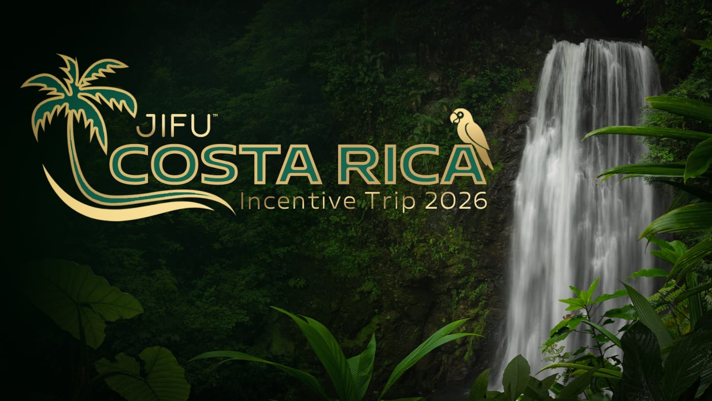 JIFU Costa Rica Incentive Trip 2026 logo beside a jungle waterfall