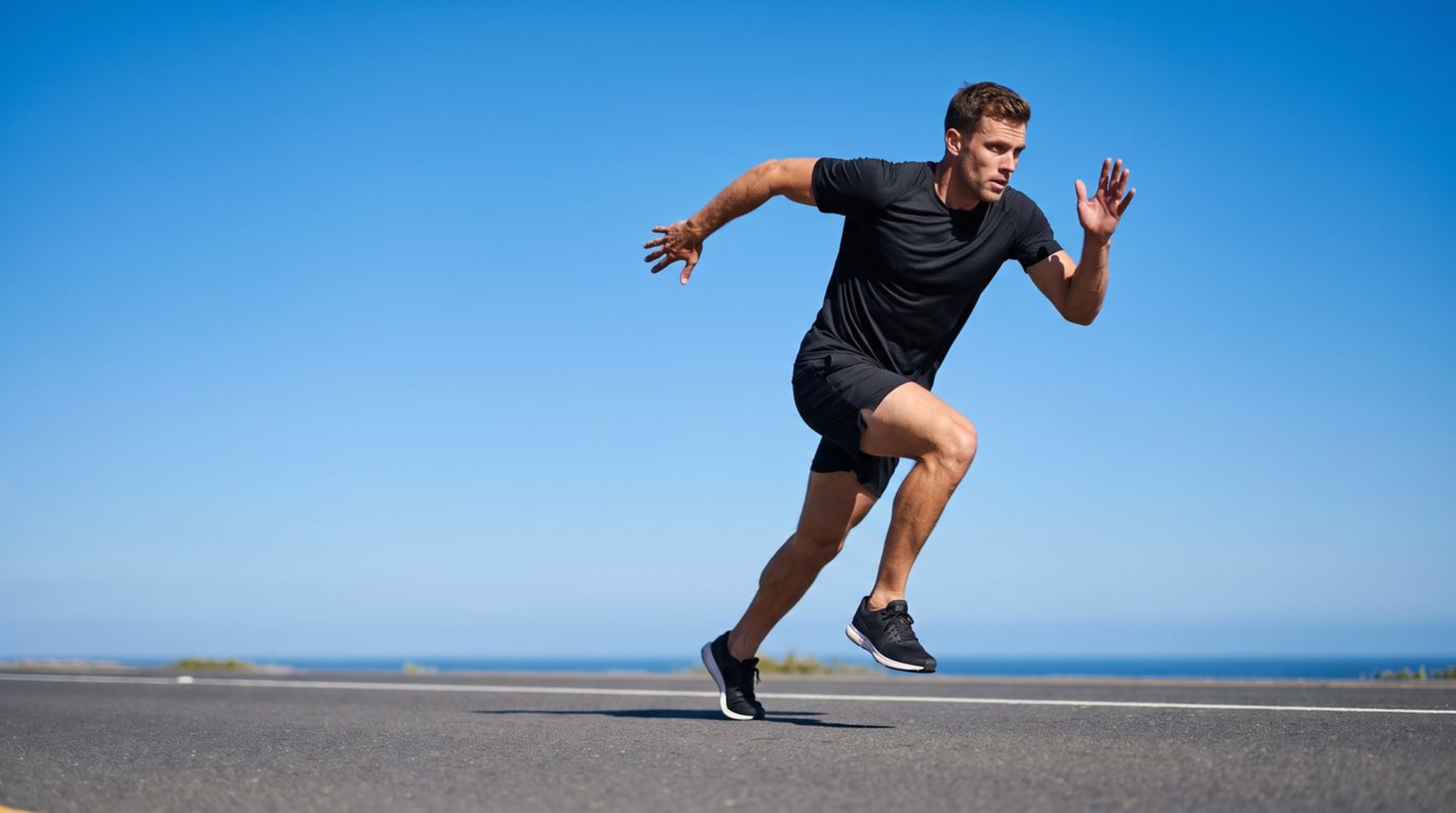 A sprinter at full stride against open sky