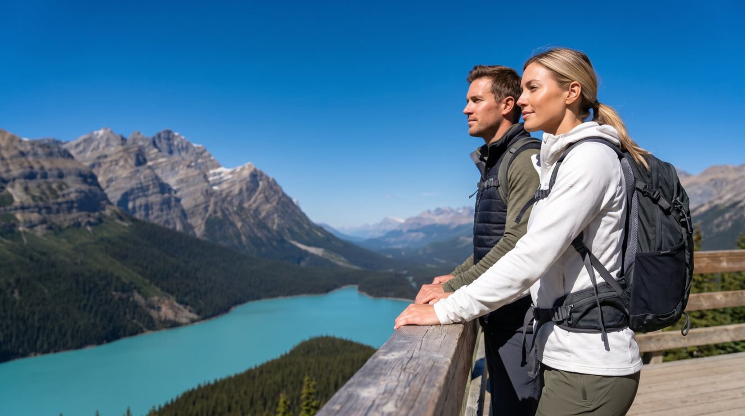Two travelers above a turquoise mountain lake