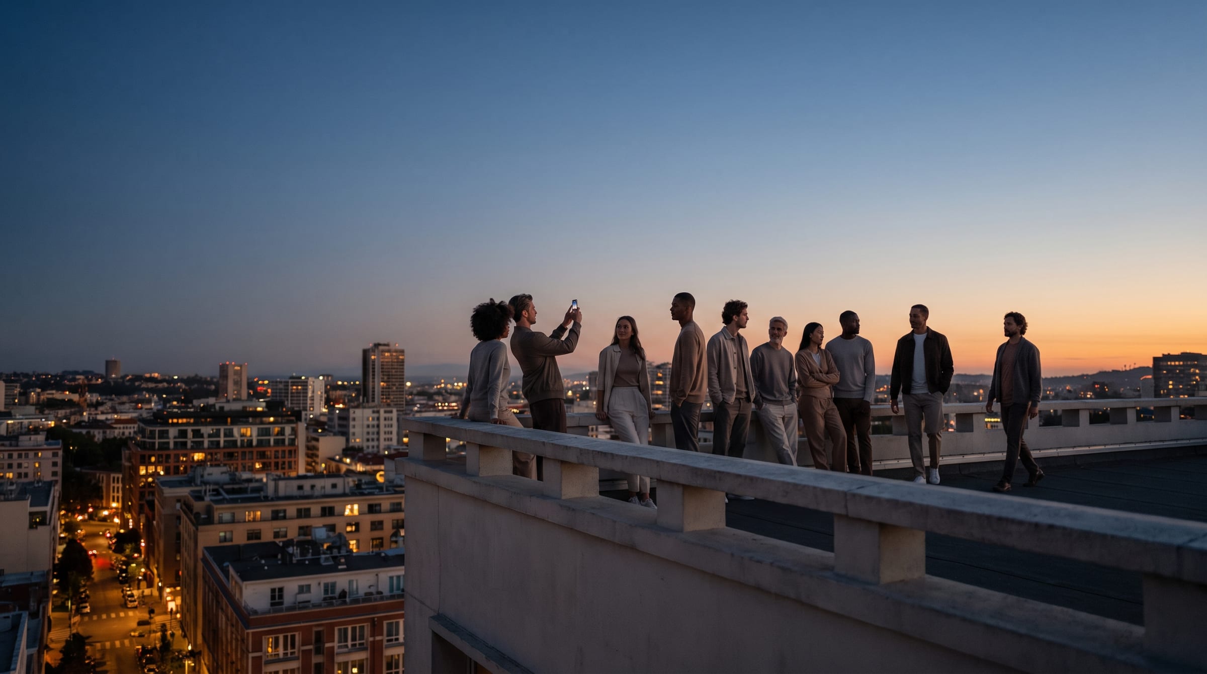 A group of members on a city rooftop at dusk