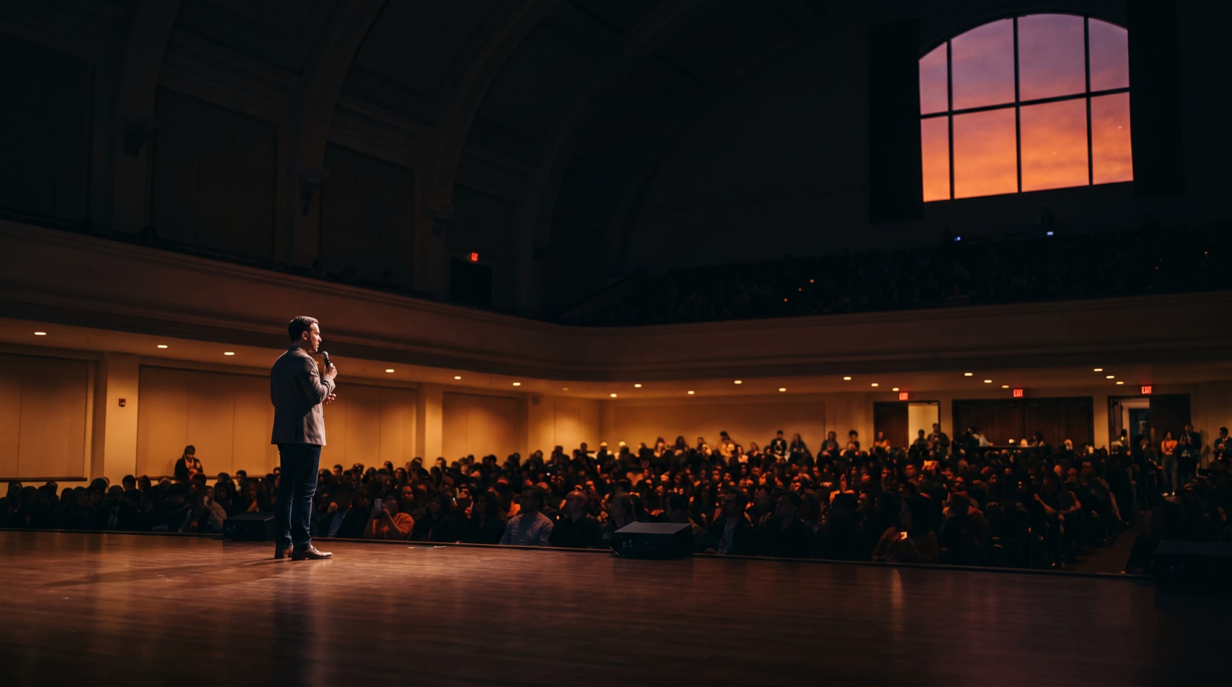 A speaker addressing a packed auditorium
